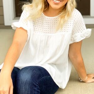 NWT; White Eyelet Neckline Blouse with Ruffle Short Sleeves